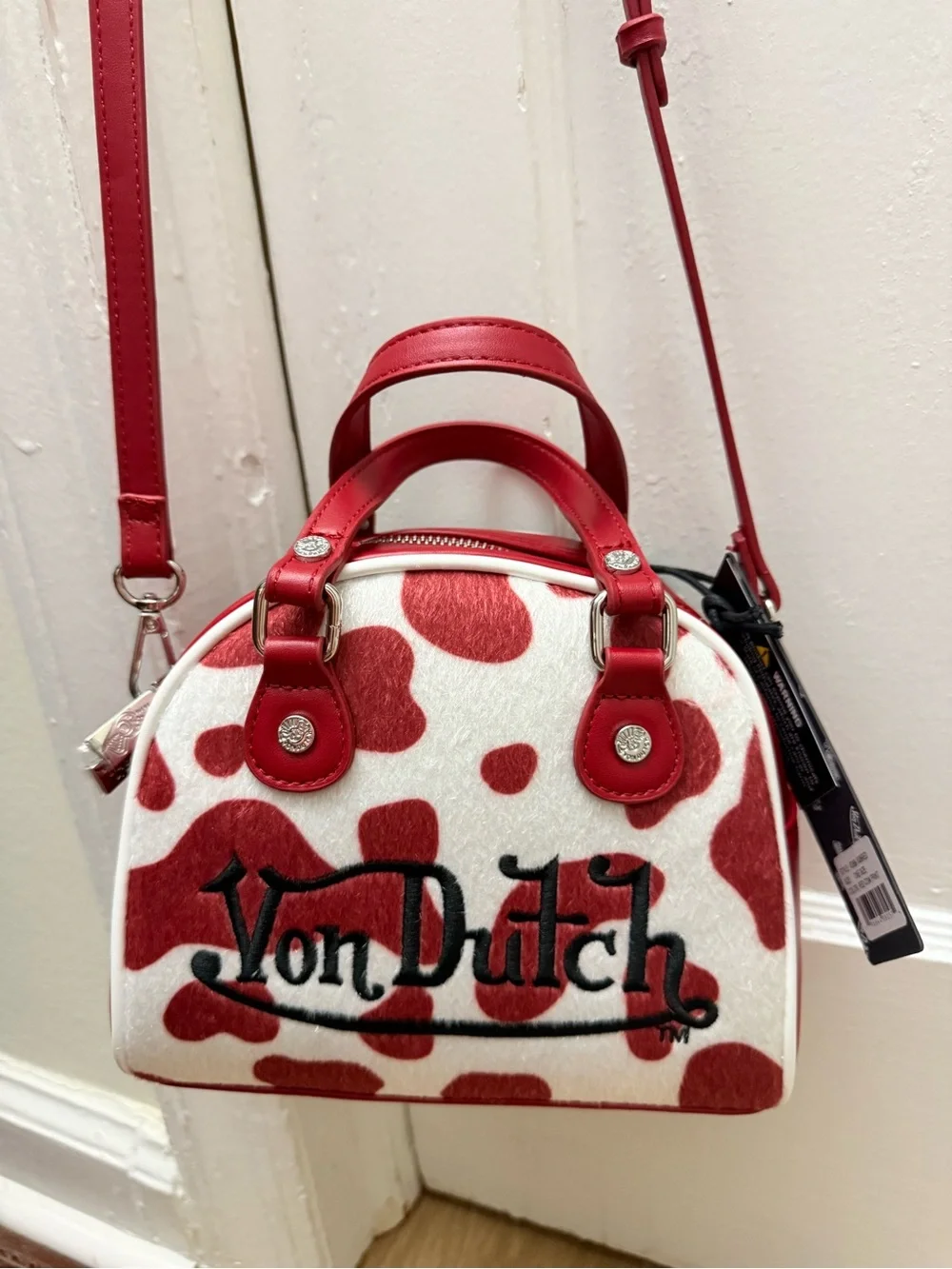 Von Dutch Red & White Cow-Print Mini Dome Crossbody